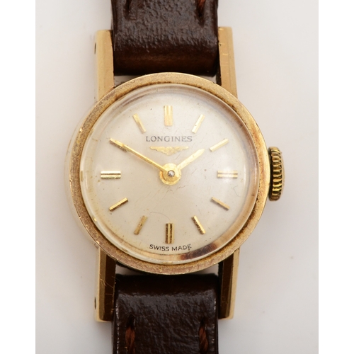 101 - Longines, a 9ct gold cased ladies wrist watch, London 1965, the dial with baton numerals, 17 jewel m... 