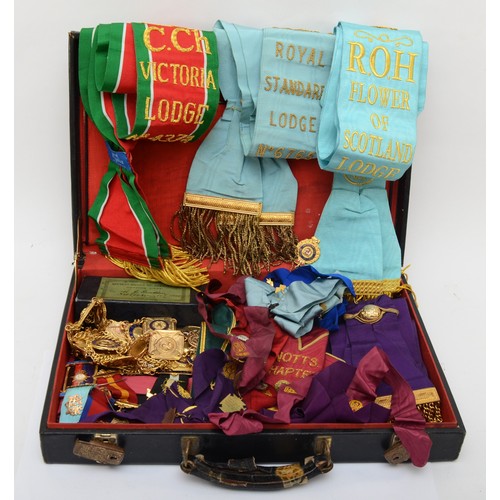 72 - Masonic regalia to include a c.1900 Ancient Order of Foresters silk sash in original case, a jewel r... 