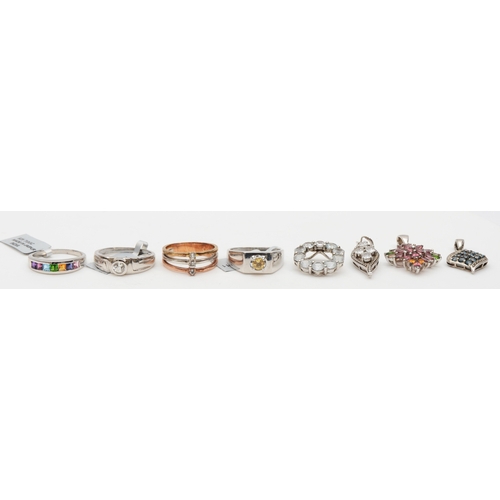 123 - A group of silver jewellery to include four gem set rings, U - Y, 34gm.