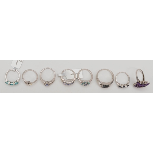 146 - Eight silver gem set rings to include an amethyst cluster ring, Q, 32gm.