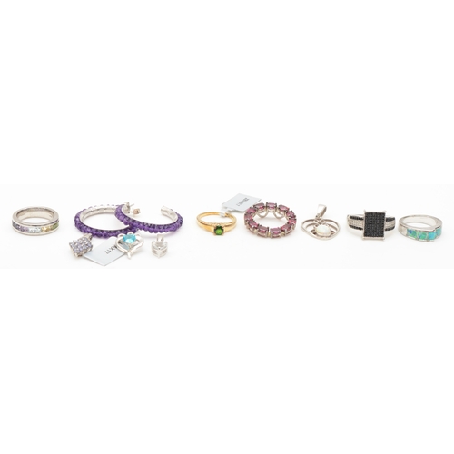 147 - A group of silver jewellery to include a synthetic opal ring, P, pendants and hoop earrings, 41gm.