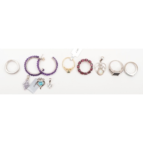 147 - A group of silver jewellery to include a synthetic opal ring, P, pendants and hoop earrings, 41gm.