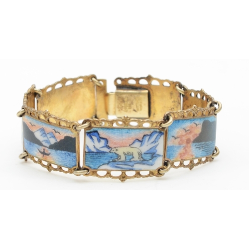 148 - A Norwegian silver gilt paneled bracelet with enameled winter scenes, by Kristian Hestenes, 18cm, 34... 