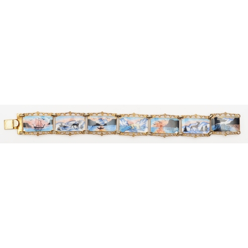 148 - A Norwegian silver gilt paneled bracelet with enameled winter scenes, by Kristian Hestenes, 18cm, 34... 