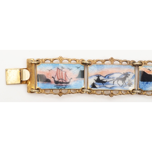 148 - A Norwegian silver gilt paneled bracelet with enameled winter scenes, by Kristian Hestenes, 18cm, 34... 