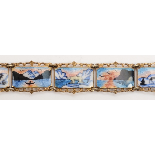 148 - A Norwegian silver gilt paneled bracelet with enameled winter scenes, by Kristian Hestenes, 18cm, 34... 