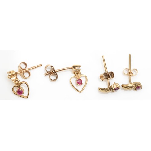 159 - A pair of 9ct gold diamond and ruby heart drop earrings, 12mm, together with a pair of ruby stud ear... 