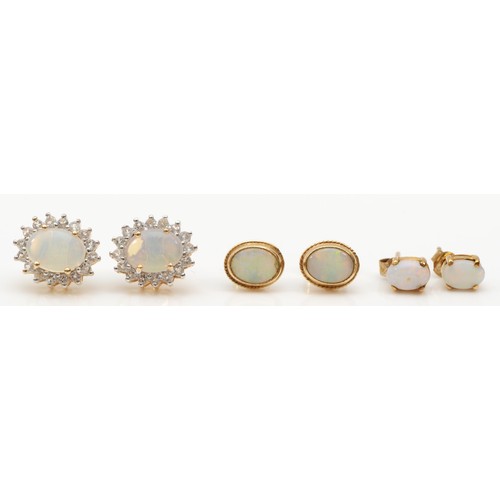 160 - A pair of 9k gold opal and white stone cluster stud earrings, together with a pair of 9ct gold opal ... 