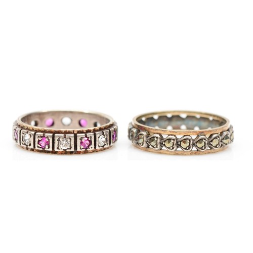 163 - A 9ct gold and silver synthetic ruby and white stone eternity ring, P, together with a marcasite exa... 