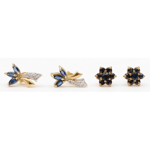 179 - A pair of 9ct gold sapphire and diamond stud earrings, 15mm, together with an unmarked pair of gold ... 