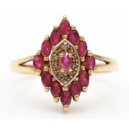 183 - A 9ct gold ruby and diamond cluster ring, P, 2.5gm