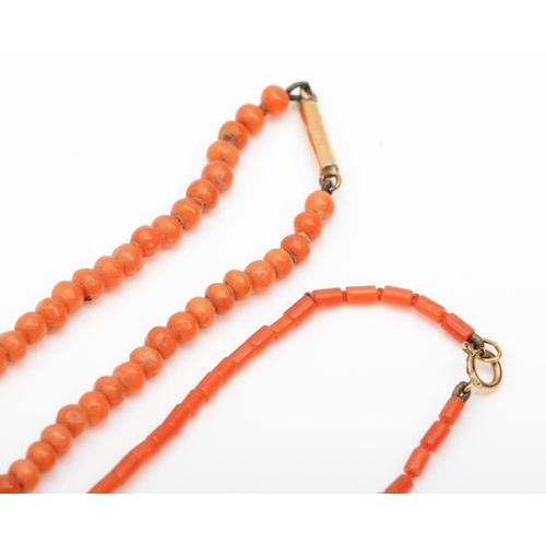 189 - A 9ct gold clasped coral and gold bead necklace, 42cm, together with a graduated coral necklace.