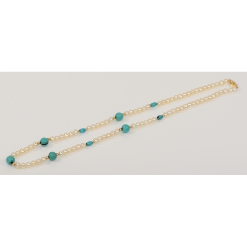 197 - A 585 gold clasped cultured pearl and turquoise necklace, 51cm.