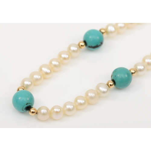 197 - A 585 gold clasped cultured pearl and turquoise necklace, 51cm.