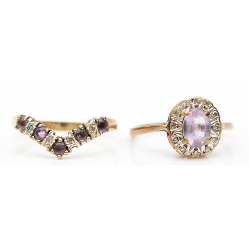 198 - A 9ct gold amethyst and eight cut diamond cluster ring, N-O, together with another 9ct gold amethyst... 