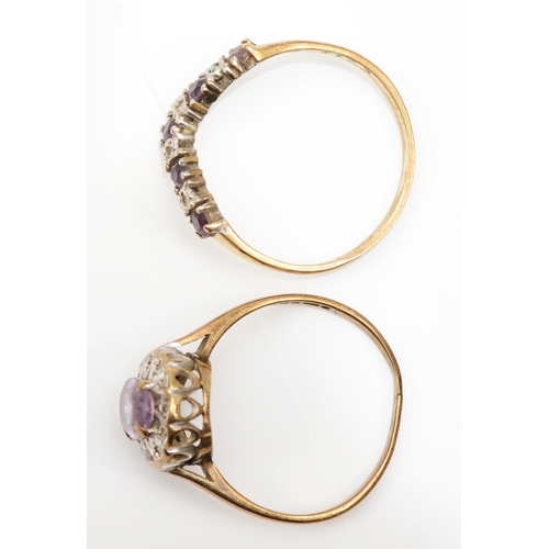 198 - A 9ct gold amethyst and eight cut diamond cluster ring, N-O, together with another 9ct gold amethyst... 