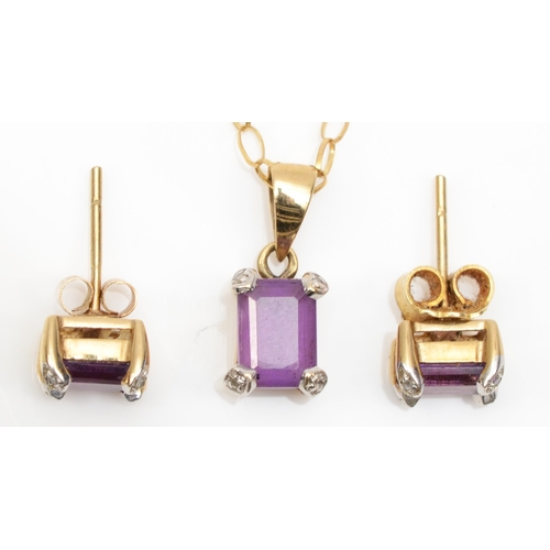 199 - A 9ct gold emerald cut amethyst and diamond pendant, on 9ct gold chain, 14 x 5mm, together with a pa... 