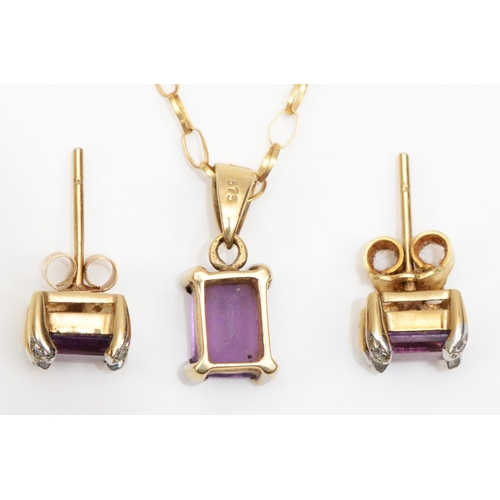 199 - A 9ct gold emerald cut amethyst and diamond pendant, on 9ct gold chain, 14 x 5mm, together with a pa... 