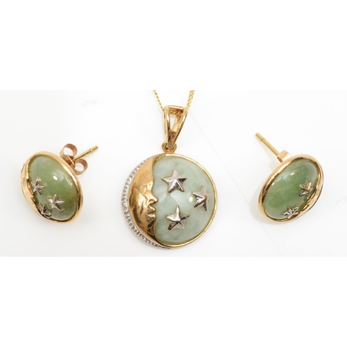 201 - A 9ct gold jadeite and diamond moon and stars pendant, on 375 gold chain, 24 x 16mm, together with a... 