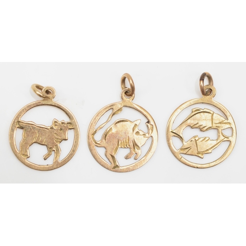 203 - Three 9ct gold zodiac charms, Taurus, Aries and Pisces, 13mm, 1.6gm