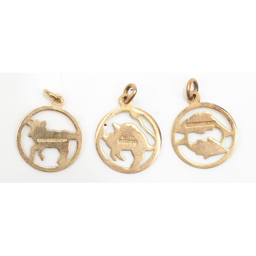 203 - Three 9ct gold zodiac charms, Taurus, Aries and Pisces, 13mm, 1.6gm