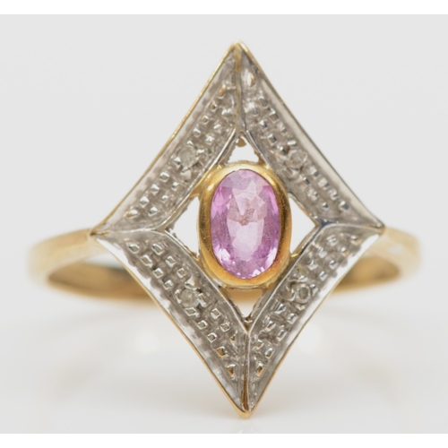 209 - A 9ct gold pink sapphire and eight cut diamond dress ring, N, 2gm.