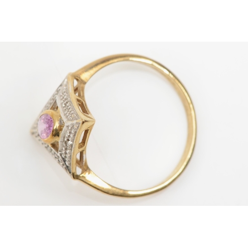 209 - A 9ct gold pink sapphire and eight cut diamond dress ring, N, 2gm.