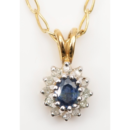 228 - A 9ct gold sapphire and eight cut diamond cluster pendant, on 9ct gold chain, 13mm, 2.1gm.