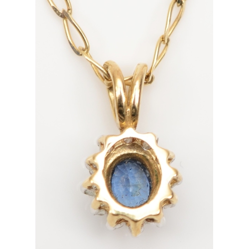 228 - A 9ct gold sapphire and eight cut diamond cluster pendant, on 9ct gold chain, 13mm, 2.1gm.