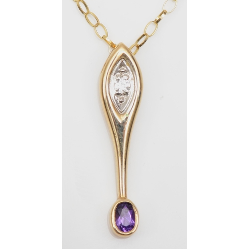 230 - A 9ct gold amethyst and brilliant cut diamond  drop pendant, on 9k chain, 25mm, 2gm.