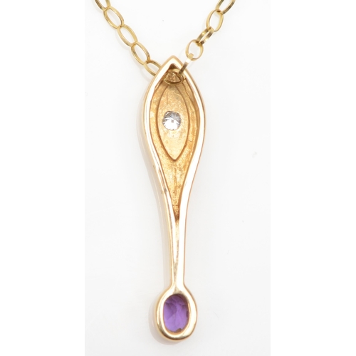 230 - A 9ct gold amethyst and brilliant cut diamond  drop pendant, on 9k chain, 25mm, 2gm.