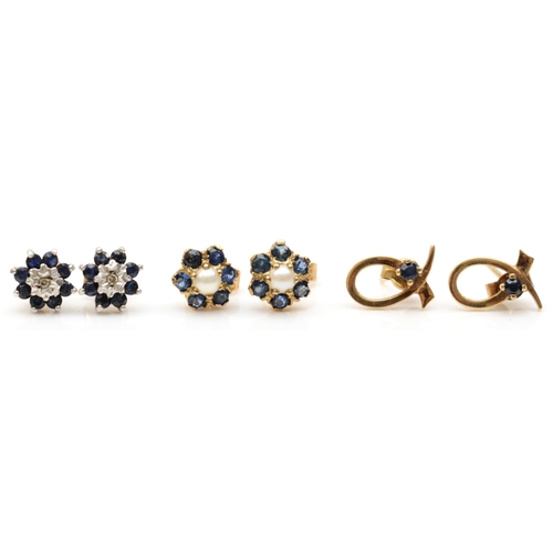 243 - A 9ct gold illusion set diamond and sapphire cluster stud earrings, 8mm, together with two pairs of ... 