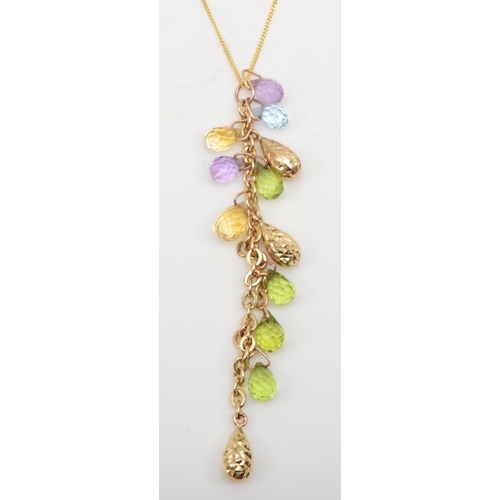 244 - A unmarked gold multi gem briolette cut drop pendant, on 375 gold chain, 57mm, 2.4gm.