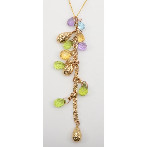 244 - A unmarked gold multi gem briolette cut drop pendant, on 375 gold chain, 57mm, 2.4gm.