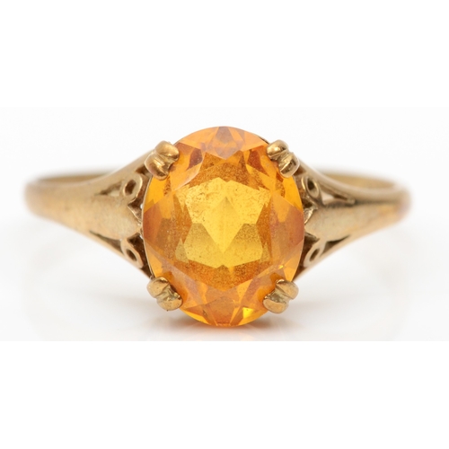 256 - 9ct gold citrine cocktail dress ring, 9 x 8mm, Q, 2gm.