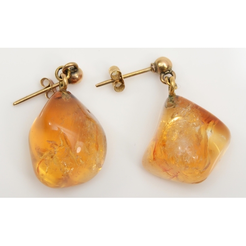 265 - A pair of unmarked quartz drop earrings, butterfly backs marked 9ct, 25mm, 8.1gm.