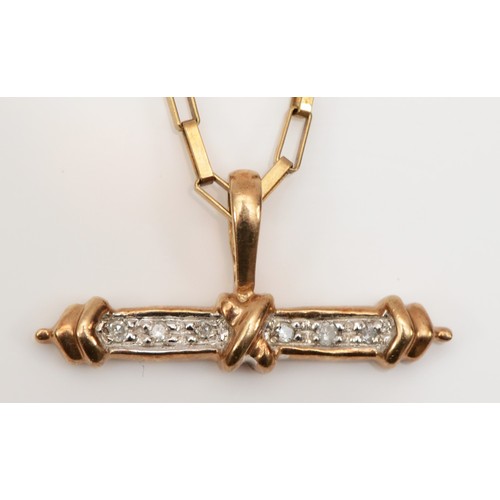 272 - A 9ct gold eight cut diamond t-bar pendant, on 9ct gold chain, 21 x 10mm, 3.9gm.