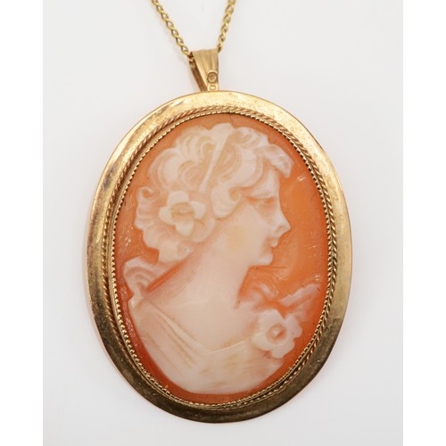 273 - A 9ct gold shell cameo brooch/pendant on 375 gold chain, 28 x 22mm, 3.7gm.