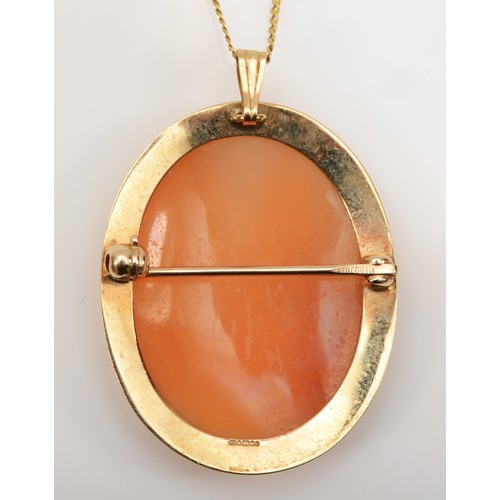 273 - A 9ct gold shell cameo brooch/pendant on 375 gold chain, 28 x 22mm, 3.7gm.