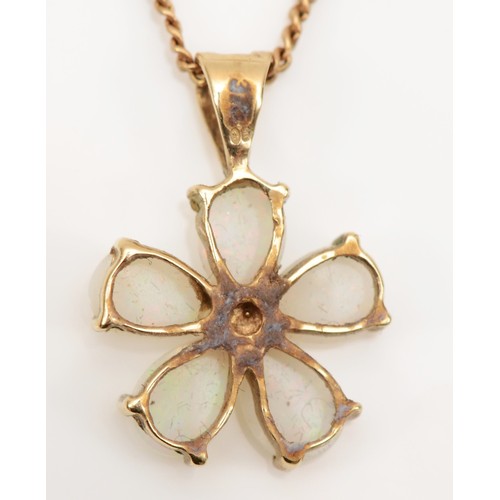 274 - A 9ct gold opal floral pendant, on 375 gold chain, flashes of red and green, 18 x 12mm, together wit... 