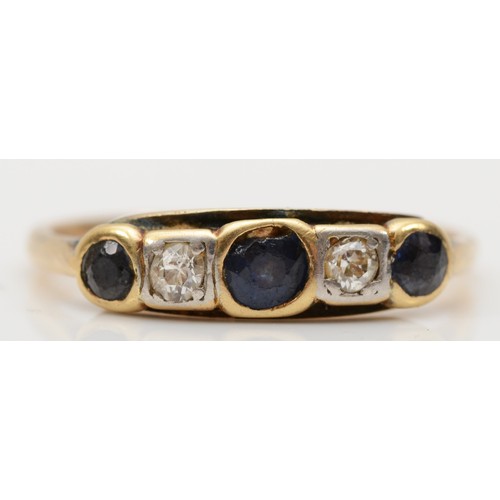 280 - An unmarked gold sapphire and brilliant cut diamond dress ring, P, 2.2gm