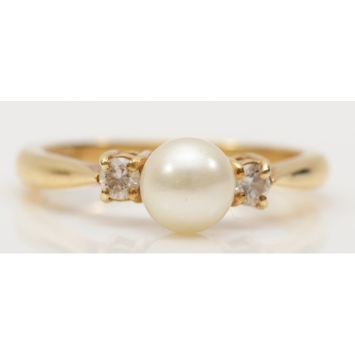 281 - A 9ct gold cultured pearl and brilliant cut diamond dress ring, N, 2.8gm.