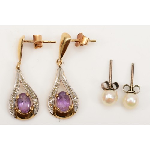 283 - A pair of 9ct gold amethyst and diamond drop earrings, 26mm, together with a cultured pearl stud ear... 