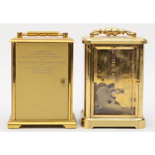 15 - WITHDRAWN A 20th century West German brass cased carriage clock, 16cm high, together with a 20th cen... 