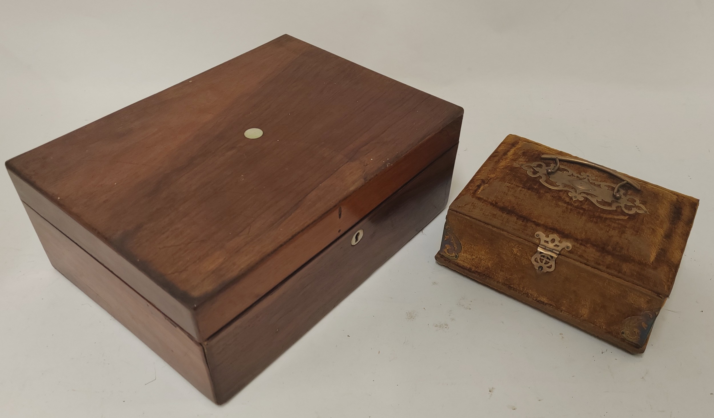 A 19th century walnut box, together with a 20th century velvet vanity ...