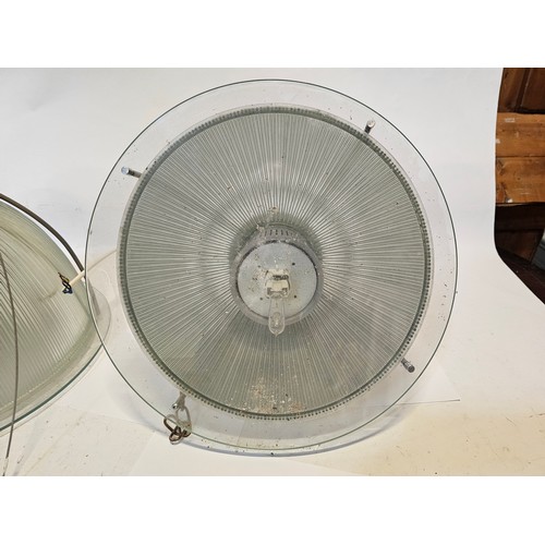 65 - A pair of holophane industrial ceiling lamps with glass shades and fittings, 30cm diameter, 40cm ext... 