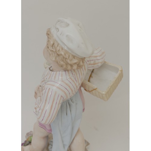 66 - A pair of 20th century porcelain figures, boy and girl each carrying a basket, raised on four suppor... 