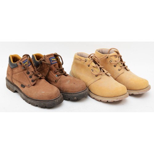 127 - Wrangler short boots, laced, tan leather. Together with Cat, mustard colour laced boots. Both pairs ... 