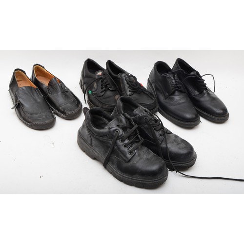 128 - Kickers, Magnum, Capps, laced smart shoes, together with an unbranded loafer style pair. All black, ... 