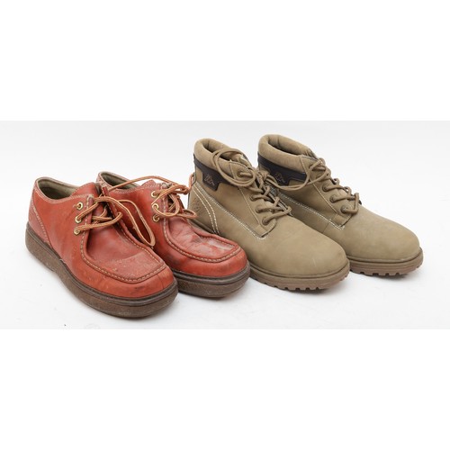 132 - Timberland short boots, reddish brown, laces, size 9. Together with a pair of Kangol short boots, gr... 